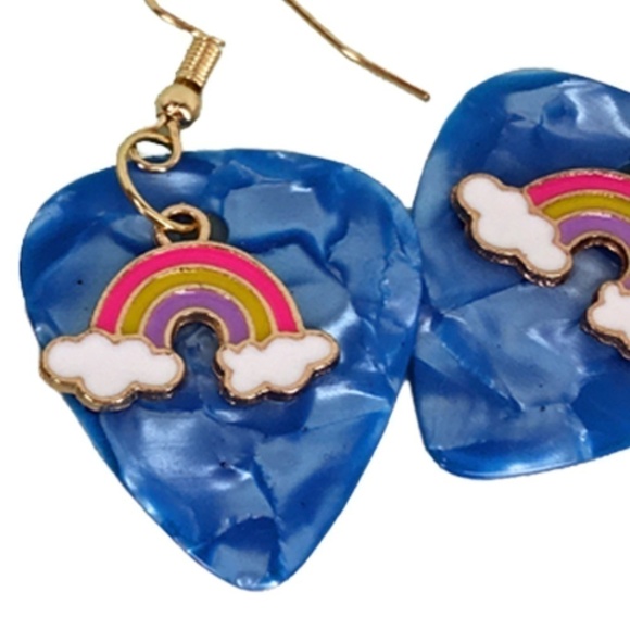 2 PR Earrings Hand Crafted Recycled Guitar Picks Rainbows & Hippie Peace Symbols - Picture 2 of 6